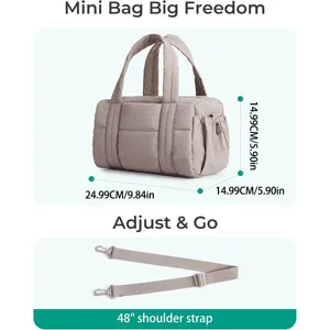 Puffer shoulder bag detail view showing compact size, quilted texture and strap.