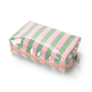 Pink and green striped cosmetic bag, large capacity glossy makeup pouch for travel use.