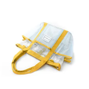Stylish color block mesh beach bag large capacity lightweight waterproof travel tote storage bag