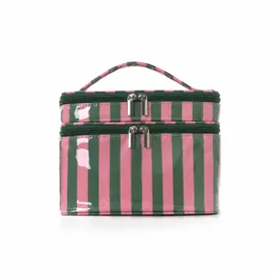 Bolsa de maquillaje a rayas de doble capa con asa y gran estuche de viaje para cosméticos