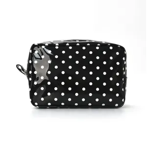 Black white polka dot cosmetic bag waterproof makeup storage pouch travel portable organizer.