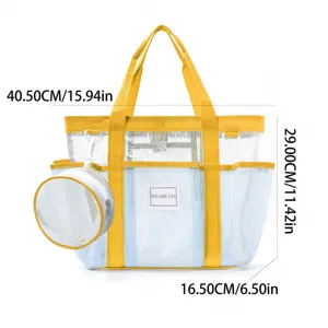 Yellow and blue mesh beach bag with round pouch, large capacity lightweight tote bag.