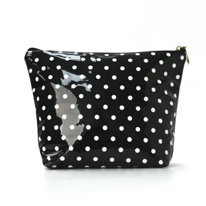 Black glossy polka dot cosmetic bag, portable travel and daily makeup storage pouch