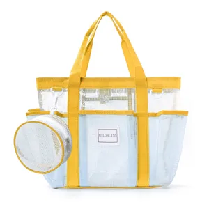 Large capacity mesh beach bag with yellow straps and matching round pouch for summer travel.