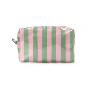 Pink and green striped cosmetic bag, glossy waterproof travel storage pouch with zipper.