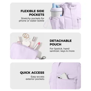Borsa tote da palestra multifunzionale viola chiaro con tasche laterali e pochette