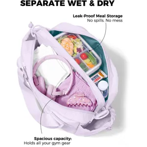 Borsa sportiva tote viola chiaro con scomparto bagnato asciutto, grande capacità fitness.