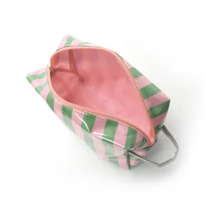 Pink and green striped cosmetic bag main view, large capacity travel portable storage pouch.