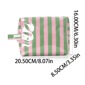 Pink green striped cosmetic bag large capacity portable travel makeup storage pouch organizer