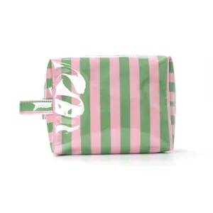 Pink green striped cosmetic bag large capacity portable travel makeup storage pouch