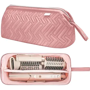 Borsa da viaggio trapuntata rosa per strumenti per capelli, custodia portatile con cerniera.