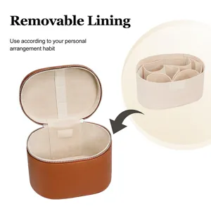 Brown lychee pattern cosmetic bag with removable inner lining and multiple compartments.