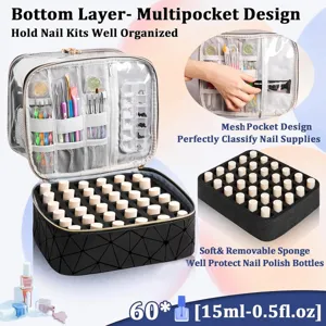 Gran bolsa de almacenamiento de esmalte de uñas con tapa de PVC y múltiples compartimentos.