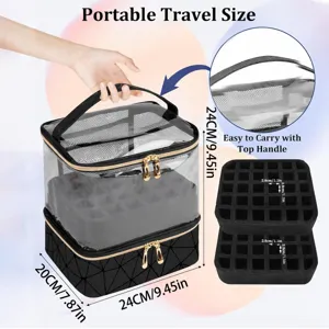Bolsa de almacenamiento portátil de doble capa para esmalte con cubierta de PVC transparente.