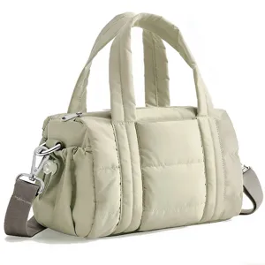 Beige quilted puffer shoulder bag, fluffy cloud crossbody handbag with dual handles.