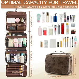 Vintage PU hanging toiletry bag with large capacity, multi-compartment travel organizer.