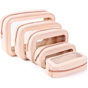 Detailed view of clear window cosmetic bag set, transparent travel makeup organizer pouch.