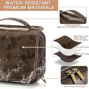 Vintage PU leather toiletry bag travel makeup storage organizer with waterproof design details.