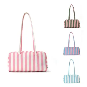 Women Fashion Casual Striped Shoulder Bag Large Capacity Portable Travel Tote Bag Zipper Closure Handbag