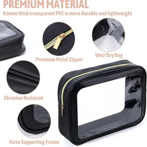 Clear travel toiletry bag with black PU leather, waterproof PVC and gold metal zipper.