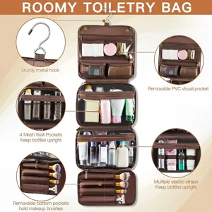 Close-up detail view of the hanging toiletry bag featuring sturdy metal hook, PVC pockets, and mesh.