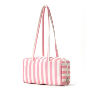 Pink and white striped shoulder bag stylish color blocking large capacity travel storage tote