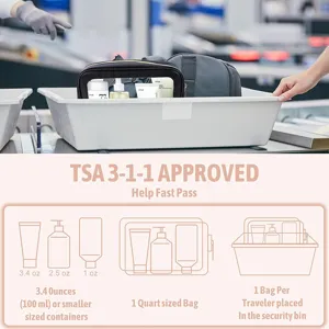 Clear TSA approved toiletry bag with travel bottles for convenient airport security checks.