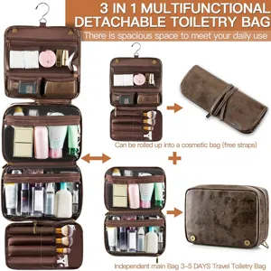 Retro PU hanging toiletry bag with detachable 3-in-1 design for large capacity travel storage.