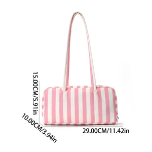 Pink white striped shoulder bag casual large capacity travel handbag fashion tote purse