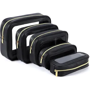 Detailed view of 5-piece black PU clear window cosmetic bags set showing size progression.