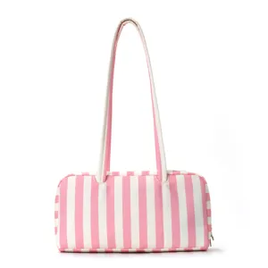 Pink and white striped shoulder bag with long dual straps, stylish color-blocking design.