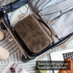 Retro PU travel toiletry bag detail view showing capacity and size inside a suitcase.