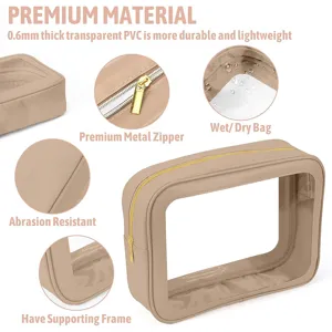 Transparent cosmetic bag with waterproof PVC material, durable metal zipper and sturdy frame.