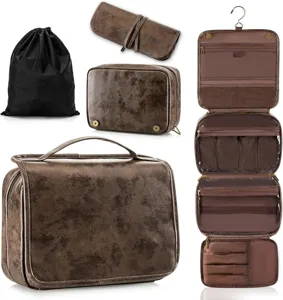 Detailed view of vintage PU leather hanging toiletry bag with multiple compartments and pockets.