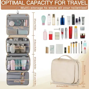 Retro PU hanging travel toiletry bag with large capacity and multiple compartments for cosmetics