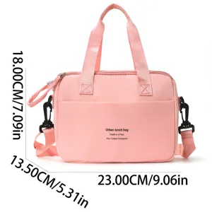 Pink insulated lunch bag with handles, waterproof portable bento tote for outdoor work.