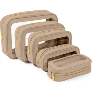 Multi-size PU clear cosmetic bag set, waterproof travel toiletry organizer with gold zipper.