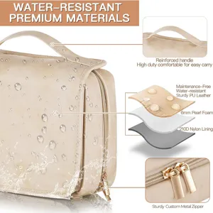 Water-resistant PU leather travel toiletry bag detail showing reinforced handle and zipper.