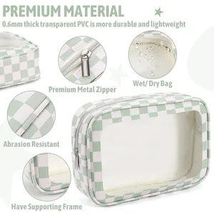 Clear PVC Cosmetic Bag Green Checkered Waterproof Toiletry Organizer Travel Makeup Case