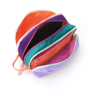 Multi-compartment color block makeup bag, large capacity portable travel storage pouch.