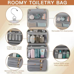 Spacious hanging toiletry bag with multiple compartments, waterproof pockets and sturdy metal hook.