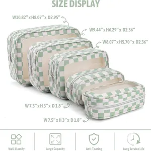 Set of 5 green checkerboard cosmetic bags with clear window, PU leather travel organizers.