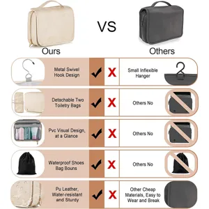 Portable PU leather travel toiletry bag with metal hook, detachable compartments and waterproof.
