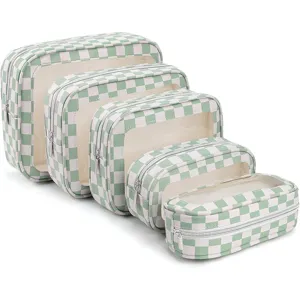 Green white checkerboard cosmetic bag set, PU clear travel toiletry storage organizer.