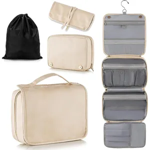 Travel hanging toiletry bag set, waterproof PU leather cosmetic organizer with multi pockets.