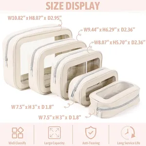 Clear window cosmetic bag set, PU leather travel wash bag, large capacity makeup organizer.