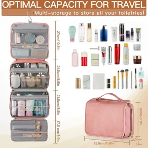 Hanging travel toiletry bag with large capacity, retro PU leather cosmetic organizer detail.