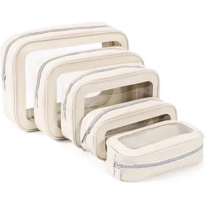 Set of 5 clear window cosmetic bags waterproof travel makeup storage organizers beige PU.