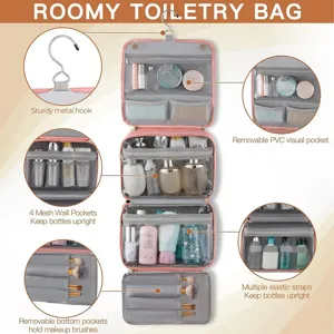 Detail view of hanging travel toiletry bag with metal hook and removable clear PVC pockets.