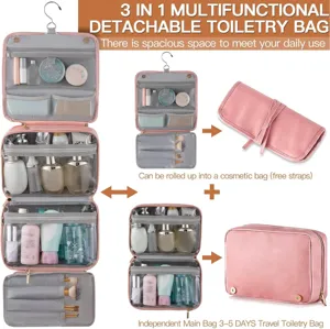 3 in 1 detachable toiletry bag, multi-functional pink PU leather travel cosmetic makeup organizer.